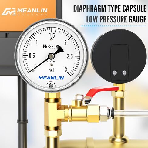 MEANLIN MEASURE 0-15 in H2O Diaphragm Type Capsule Low Pressure Gauge 1/4" NPT 2-1/3" FACE DIAL Adjustable Water Column Gauge, with 1/4" x 1/2" NPT and 1/4" x 3/8" NPT Hex Bushing, Back Mount in Kuwait