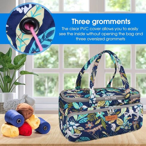 حقيبة غزل هانفيتش - منظم تخزين غزل كبير الحجم مع حلقات تثبيت - حقيبة كروشيه محمولة لخيوط الغزل - خطافات الكروشيه - إبر الحياكة - ملحقات أخرى (زهرة رمادية) in Kuwait