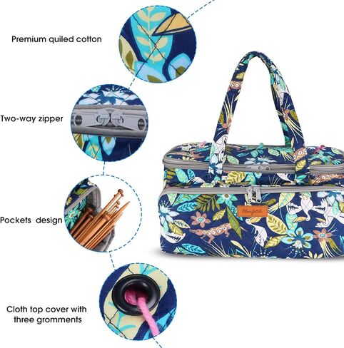 حقيبة غزل هانفيتش - منظم تخزين غزل كبير الحجم مع حلقات تثبيت - حقيبة كروشيه محمولة لخيوط الغزل - خطافات الكروشيه - إبر الحياكة - ملحقات أخرى (زهرة رمادية) in Kuwait