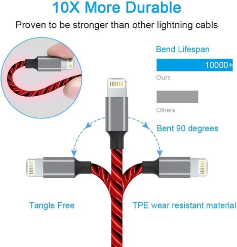 LED iPhone Light up Charger Cable, | Apple MFi Certified | USB A to Lightning Fast Charging Cord Compatible with iPhone 13 Pro Max 12 Mini 11 X XS XR 8 7P 6S 5S iPad iPod Touch More (6FT, Blue) in Saudi Arabia