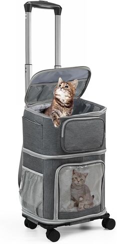 Vanansa Pet Carrier on Wheels, 2-in-1 Detachable Double Compartment Cat Carrier with Wheels for Small Cats, Dogs and Puppies, Rolling Cat Backpack for 2 Cats, Perfect for Travel/Walking/Camping in Kuwait