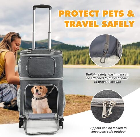 Vanansa Pet Carrier on Wheels, 2-in-1 Detachable Double Compartment Cat Carrier with Wheels for Small Cats, Dogs and Puppies, Rolling Cat Backpack for 2 Cats, Perfect for Travel/Walking/Camping in Kuwait