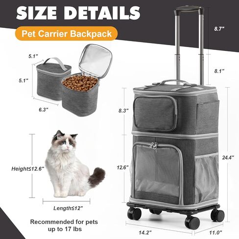 Vanansa Pet Carrier on Wheels, 2-in-1 Detachable Double Compartment Cat Carrier with Wheels for Small Cats, Dogs and Puppies, Rolling Cat Backpack for 2 Cats, Perfect for Travel/Walking/Camping in Kuwait