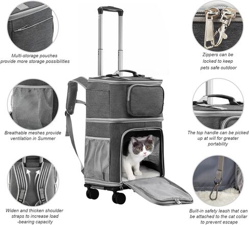 Vanansa Pet Carrier on Wheels, 2-in-1 Detachable Double Compartment Cat Carrier with Wheels for Small Cats, Dogs and Puppies, Rolling Cat Backpack for 2 Cats, Perfect for Travel/Walking/Camping in Kuwait