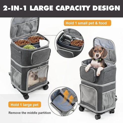 Vanansa Pet Carrier on Wheels, 2-in-1 Detachable Double Compartment Cat Carrier with Wheels for Small Cats, Dogs and Puppies, Rolling Cat Backpack for 2 Cats, Perfect for Travel/Walking/Camping in Kuwait