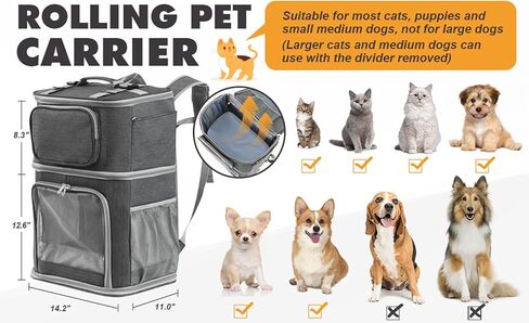 Vanansa Pet Carrier on Wheels, 2-in-1 Detachable Double Compartment Cat Carrier with Wheels for Small Cats, Dogs and Puppies, Rolling Cat Backpack for 2 Cats, Perfect for Travel/Walking/Camping in Kuwait