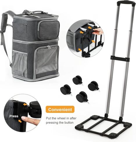 Vanansa Pet Carrier on Wheels, 2-in-1 Detachable Double Compartment Cat Carrier with Wheels for Small Cats, Dogs and Puppies, Rolling Cat Backpack for 2 Cats, Perfect for Travel/Walking/Camping in Kuwait