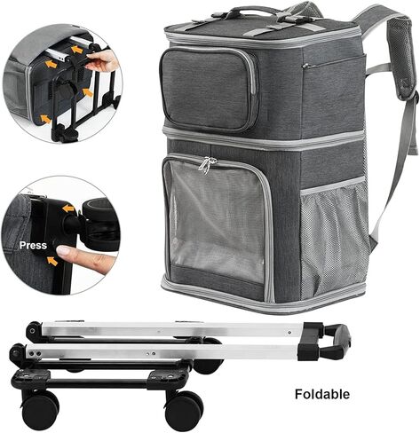 Vanansa Pet Carrier on Wheels, 2-in-1 Detachable Double Compartment Cat Carrier with Wheels for Small Cats, Dogs and Puppies, Rolling Cat Backpack for 2 Cats, Perfect for Travel/Walking/Camping in Kuwait