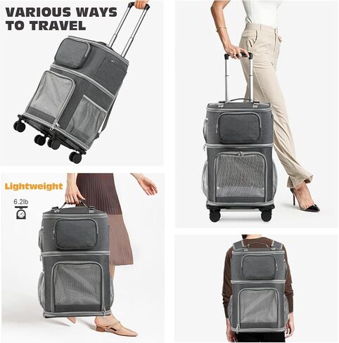 Vanansa Pet Carrier on Wheels, 2-in-1 Detachable Double Compartment Cat Carrier with Wheels for Small Cats, Dogs and Puppies, Rolling Cat Backpack for 2 Cats, Perfect for Travel/Walking/Camping in Kuwait