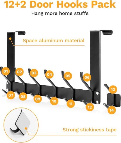 Foldable Over The Door Hooks, No Assembly Required Door Hanger Hook, 50 Lb Heavy Duty Over The Door Coat Rack, Door Hooks for Hanging Towels Clothes Hats Bags with Plus One Command Hook Pack - Black in Saudi Arabia