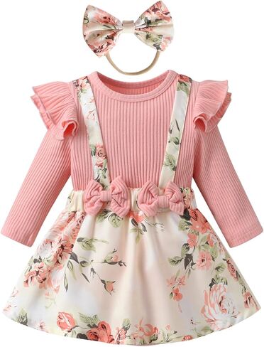 Infant Baby Girl Long Sleeve Ruffle Romper Floral Suspender Dress Onesie Headband Outfit in Saudi Arabia