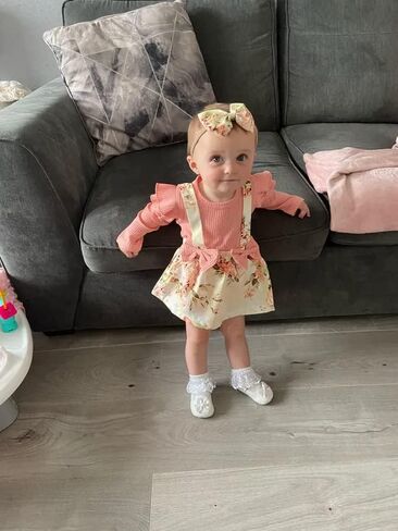 Infant Baby Girl Long Sleeve Ruffle Romper Floral Suspender Dress Onesie Headband Outfit in Saudi Arabia