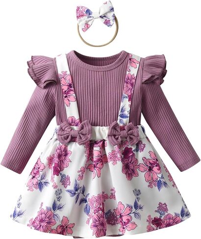 Infant Baby Girl Long Sleeve Ruffle Romper Floral Suspender Dress Onesie Headband Outfit in Kuwait