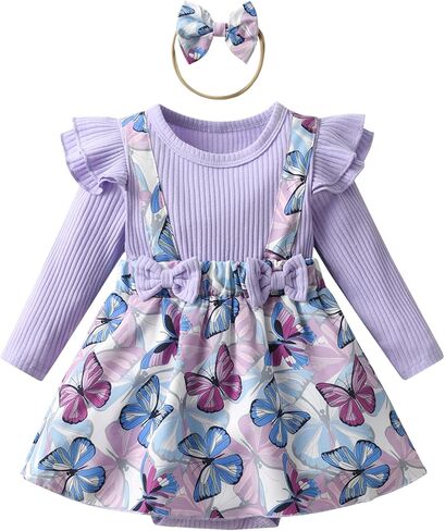 Infant Baby Girl Long Sleeve Ruffle Romper Floral Suspender Dress Onesie Headband Outfit in Saudi Arabia