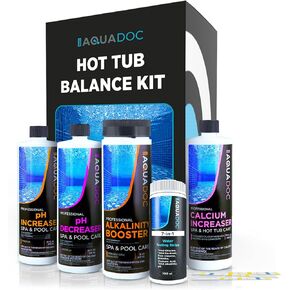 مجموعة AquaDoc لتوازن مياه حوض الاستحمام الساخن مع زيادة الرقم الهيدروجيني، وتقليل الرقم الهيدروجيني، وزيادة القلوية والكالسيوم، و100 شريط اختبار - مجموعة أدوات كيماويات حوض الاستحمام الساخن المتوافقة مع الكلور والبروم - صنع في الولايات المتحدة الأمريكية in Kuwait