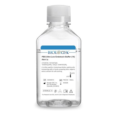 محلول ملحي بالفوسفات 1X، مخزن مؤقت PBS للسموم الداخلية منخفض جدًا (.05 EU/mL Eodotoxin) 7.4 درجة حموضة، 1 × مركز، Reay لاستخدام المخزن المؤقت للمختبر، 500 مل / زجاجة in Saudi Arabia