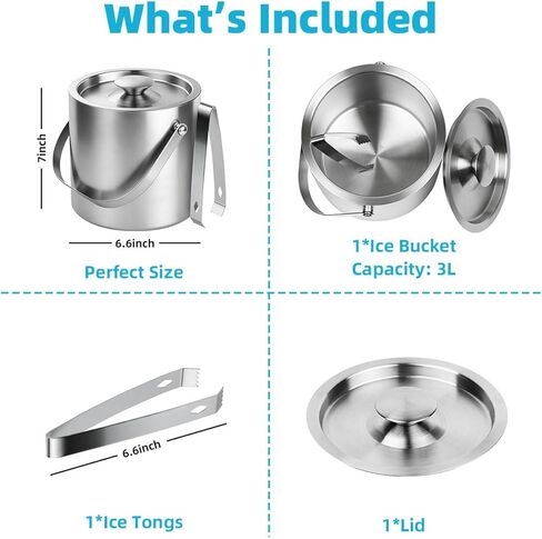 ChefBee Stainless Steel Ice Bucket - 3L Double-Wall Insulated Ice Buckets for Parties with Lid & Tongs, Large Champagne Wine Drink Container Holder, Ideal for Freezer Cocktail Home Bar Accessories in Kuwait