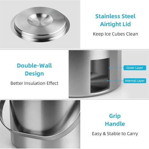 ChefBee Stainless Steel Ice Bucket - 3L Double-Wall Insulated Ice Buckets for Parties with Lid & Tongs, Large Champagne Wine Drink Container Holder, Ideal for Freezer Cocktail Home Bar Accessories in Kuwait