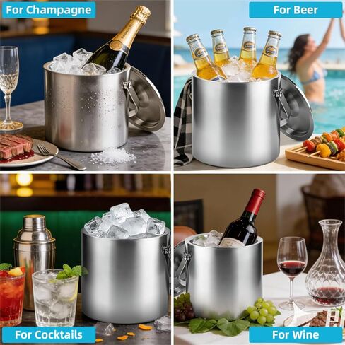 ChefBee Stainless Steel Ice Bucket - 3L Double-Wall Insulated Ice Buckets for Parties with Lid & Tongs, Large Champagne Wine Drink Container Holder, Ideal for Freezer Cocktail Home Bar Accessories in Kuwait