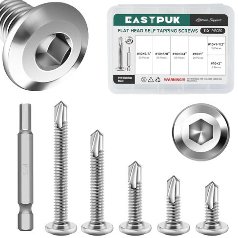 110Pcs #10 Sheet Metal Screws Assortment Kit, Stainless Steel Flat Head Socket Cap Self Drilling Screw, Allen Socket Drive, Self Tapping Screws with Drill Bit in Kuwait