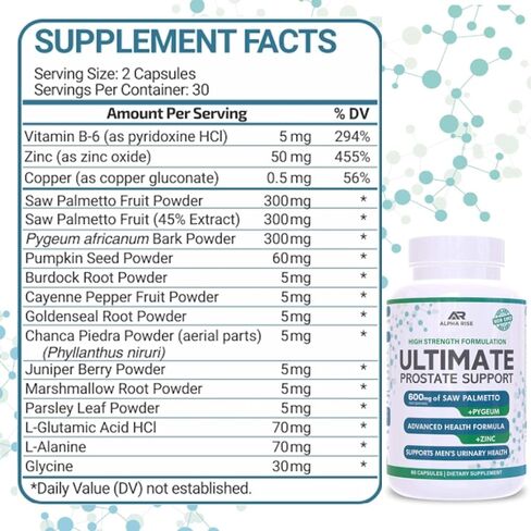 مكمل صحة البروستاتا للرجال - تقليص البروستاتا باستخدام البلميط المنشاري 600 مجم، البيجيوم 300 مجم، 16 عشبة + زنك، 60 كبسولة in Kuwait