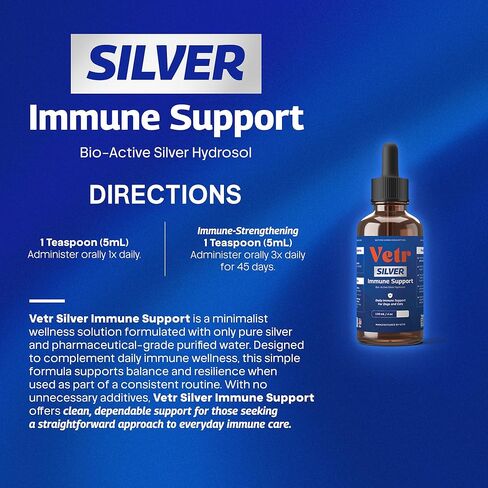 Vetr Silver Immune Support for Dogs and Cats, 4oz/120mL Liquid in Amber Bottle with Oral Dropper, Professional Grade Colloidal Silver Supplement for Daily Wellness and Seasonal Defense in Kuwait