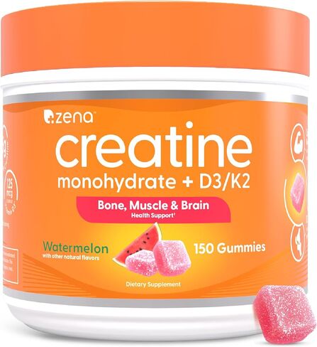 Zena Nutrition Creatine Gummies with D3 & K2, Creatine Monohydrate for Men and Women, Supports Bone, Muscle, & Cognitive Health, Gummy Workout Supplement, Watermelon Flavor, 150ct, 30 Daily Servings in Saudi Arabia