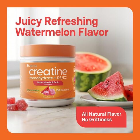 Zena Nutrition Creatine Gummies with D3 & K2, Creatine Monohydrate for Men and Women, Supports Bone, Muscle, & Cognitive Health, Gummy Workout Supplement, Watermelon Flavor, 150ct, 30 Daily Servings in Saudi Arabia