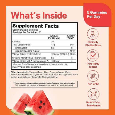 Zena Nutrition Creatine Gummies with D3 & K2, Creatine Monohydrate for Men and Women, Supports Bone, Muscle, & Cognitive Health, Gummy Workout Supplement, Watermelon Flavor, 150ct, 30 Daily Servings in Saudi Arabia