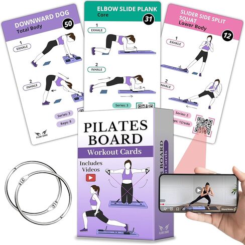 بطاقات تمرين لوحة البيلاتيس - 67 بطاقة تمرين مع مقاطع فيديو وخطة تمرين - تتضمن تحدي 5 أسابيع، وكتاب إلكتروني، ومخطط التقدم وحلقتين لسهولة التنظيم - دليل الإصلاح المنزلي المحمول للنساء in Kuwait
