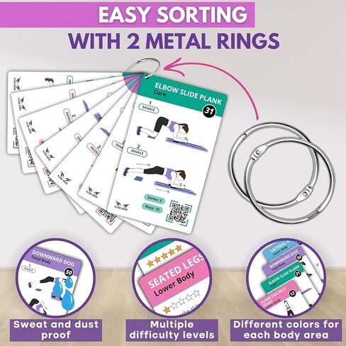 بطاقات تمرين لوحة البيلاتيس - 67 بطاقة تمرين مع مقاطع فيديو وخطة تمرين - تتضمن تحدي 5 أسابيع، وكتاب إلكتروني، ومخطط التقدم وحلقتين لسهولة التنظيم - دليل الإصلاح المنزلي المحمول للنساء in Kuwait