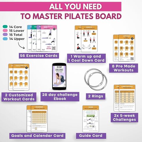 بطاقات تمرين لوحة البيلاتيس - 67 بطاقة تمرين مع مقاطع فيديو وخطة تمرين - تتضمن تحدي 5 أسابيع، وكتاب إلكتروني، ومخطط التقدم وحلقتين لسهولة التنظيم - دليل الإصلاح المنزلي المحمول للنساء in Kuwait