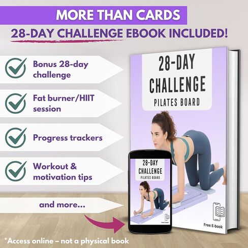 بطاقات تمرين لوحة البيلاتيس - 67 بطاقة تمرين مع مقاطع فيديو وخطة تمرين - تتضمن تحدي 5 أسابيع، وكتاب إلكتروني، ومخطط التقدم وحلقتين لسهولة التنظيم - دليل الإصلاح المنزلي المحمول للنساء in Kuwait