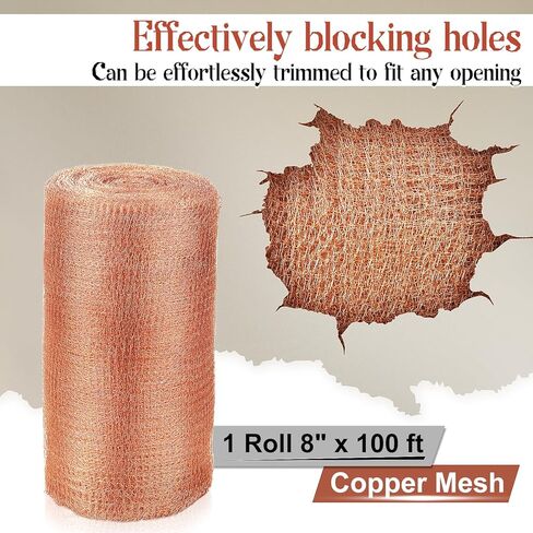 شبكة نحاسية مقاس 8 بوصات × 100 قدم للتحكم في القوارض، صوف نحاسي مقاوم للصدأ للبزاقات والخفافيش والقواقع والطيور، وحشو الفتحات بنفسك، ومانع الفجوة للبستنة والاستخدام المنزلي in Kuwait