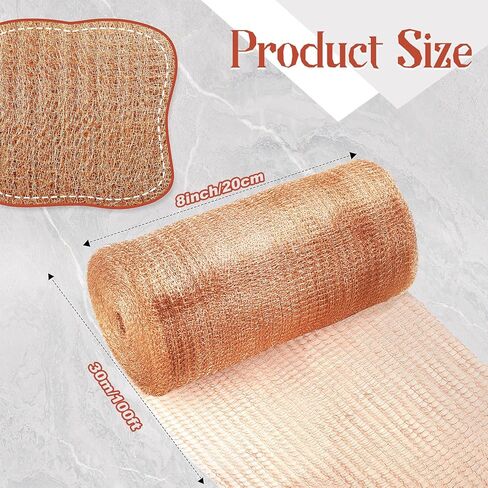 شبكة نحاسية مقاس 8 بوصات × 100 قدم للتحكم في القوارض، صوف نحاسي مقاوم للصدأ للبزاقات والخفافيش والقواقع والطيور، وحشو الفتحات بنفسك، ومانع الفجوة للبستنة والاستخدام المنزلي in Kuwait