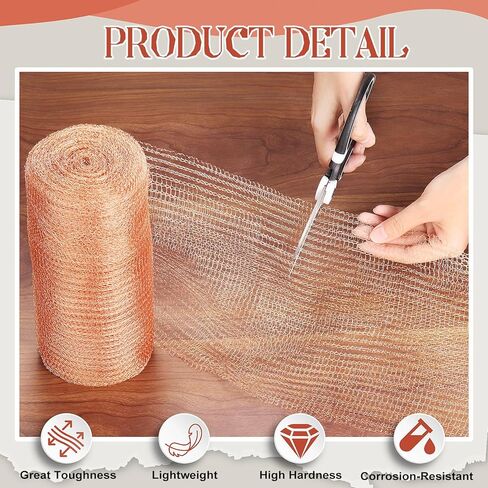 شبكة نحاسية مقاس 8 بوصات × 100 قدم للتحكم في القوارض، صوف نحاسي مقاوم للصدأ للبزاقات والخفافيش والقواقع والطيور، وحشو الفتحات بنفسك، ومانع الفجوة للبستنة والاستخدام المنزلي in Kuwait