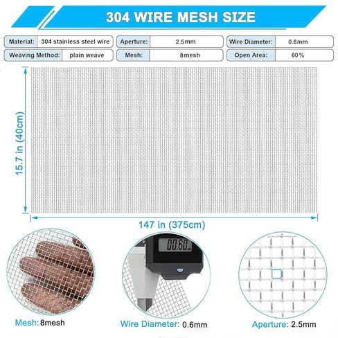 Stainless Steel Mesh Screen 8Mesh 304, 15.7" x 147" (40x375cm) Metal Mesh Screen, Rust Free Fine Wire Mesh Roll, Easy to Cur for Vent Mesh, Window Screen, Filters, Cage, Garden Covers in Kuwait