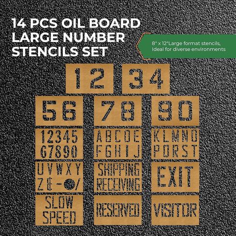 استنسل طلاء Fox Valley لمواقف السيارات - مجموعة استنسل مصنع ألواح الزيت 14 قطعة، مجموعة علامات الطريق والأرضيات، علامات الخرسانة والرصيف 8 بوصة × 12 بوصة in Kuwait