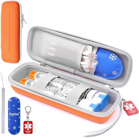 حقيبة حمل EpiPen المحمولة من Krypthos، حقيبة طبية للطوارئ لأقلام حاقن Zepbound أو Mounjaro أو جهاز استنشاق الربو، وحقيبة سفر لمرضى السكري والمزيد لرياضات السفر والتخزين المنزلي (برتقالي) in Kuwait