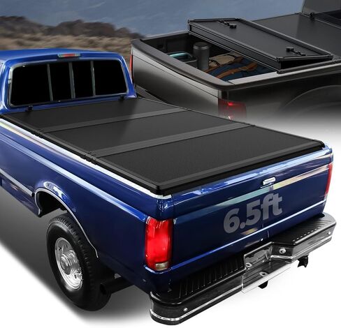 سلالة السيارات الناعمة Tri-Fold Bed Bed Tonneau تغطية متوافقة مع 1973-1998 Ford F-100 F-150 F-250 F-350 6.5ft/78inch Fleetside/Styleside Bed ، قمة أسود سوداء ناعمة in Kuwait