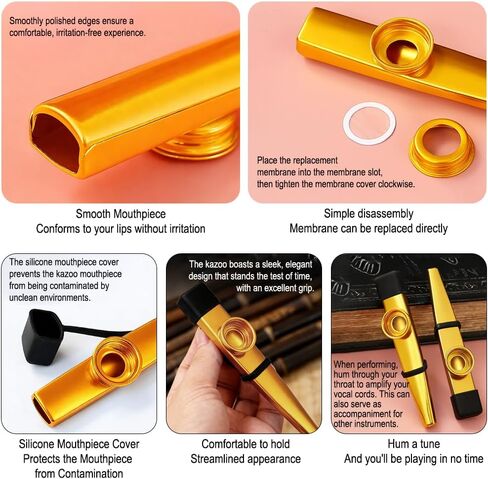Kazoos With Kazoo Flute Diaphragms,Musical Instruments,Good Gift for Adult,A Good Companion for Ukulele, Violin, Guitar,Piano Keyboard-Gold in Saudi Arabia