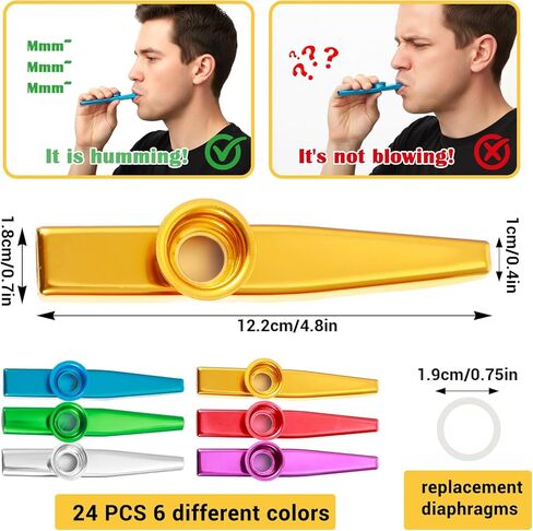 24 Pack Kazoos Bulk, Metal Kazoo with 24 Pcs Kazoos Flute Diaphragms 6 Colors Musical Kazoo Instruments for Music Lover, Beginners, Playing withh Ukulele, Violin, Guitar, Piano Keyboard in Saudi Arabia