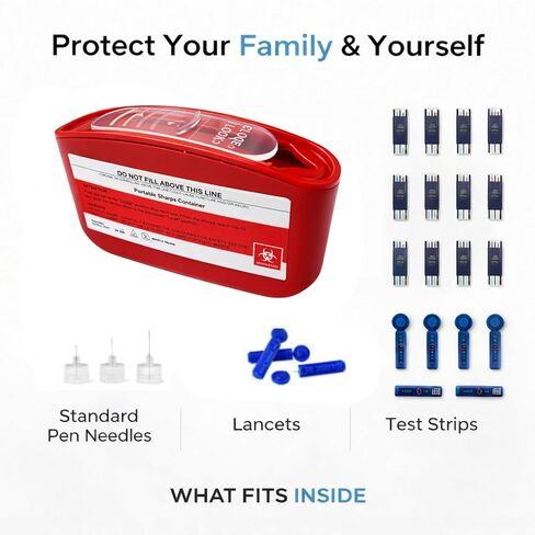 حاوية الأدوات الحادة المحمولة للسفر والاستخدام المنزلي، صندوق التخلص من الإبر بحجم الجيب لإبر قلم الأنسولين والمشارط وشرائط الاختبار، قفل بيد واحدة، حاوية التخلص من الأدوات الحادة ذات المخاطر البيولوجية (أحمر) in Kuwait