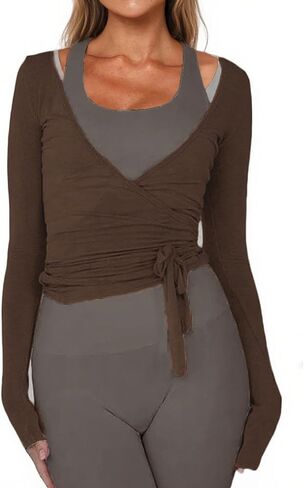 Women Ballet Wrap Top Long Seleve Tie Tie Dance Shirt Pilates Yoga Tops Y2K Workout Blouses Active in Kuwait