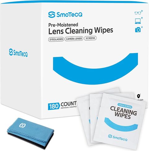 مناديل عدسة SmoTecQ للنظارات، 180 منديل تنظيف النظارات ملفوف بشكل فردي مع قطعتين من القماش من الألياف الدقيقة للحصول على لمسة نهائية خالية من الخطوط، آمنة للعدسات المغلفة والشاشات وعدسات الكاميرا in Kuwait