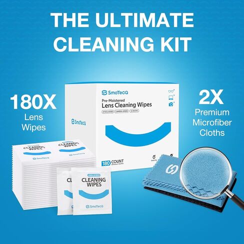 مناديل عدسة SmoTecQ للنظارات، 180 منديل تنظيف النظارات ملفوف بشكل فردي مع قطعتين من القماش من الألياف الدقيقة للحصول على لمسة نهائية خالية من الخطوط، آمنة للعدسات المغلفة والشاشات وعدسات الكاميرا in Kuwait