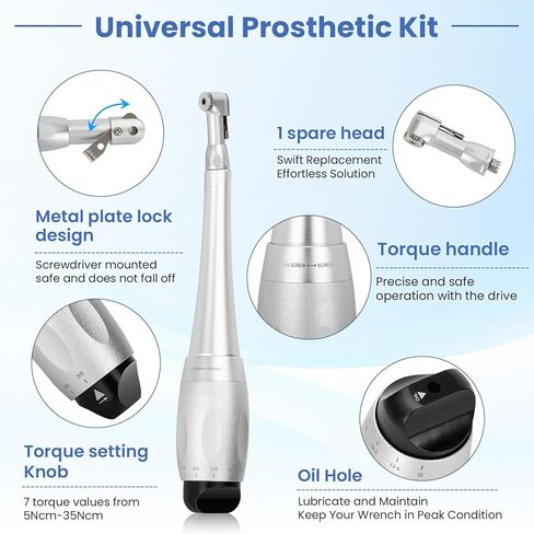 Implant Universal Hex Driver Screw Screwdriver Kit, with (5-35N.Cm) 7 Kinds of Torque +16 Universal Screws, Metal Plate Lock Design, Dual Head Design, for Dental Clinic in Kuwait