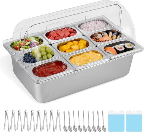 Ice Cooled Condiment Serving Container 9 Pans ×1Qt with Ice Packs for Salad Pizza Sauce Cold Food Buffet Server for Parties in Saudi Arabia