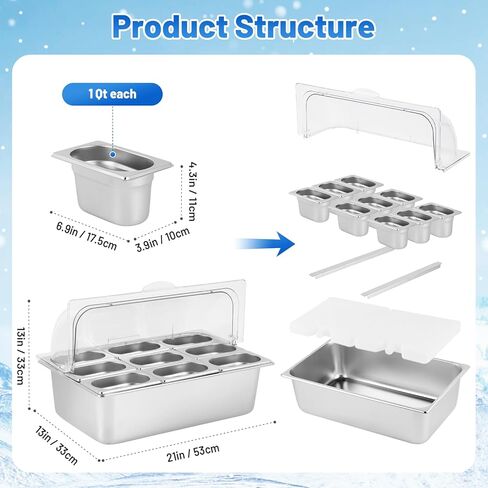 Ice Cooled Condiment Serving Container 9 Pans ×1Qt with Ice Packs for Salad Pizza Sauce Cold Food Buffet Server for Parties in Saudi Arabia
