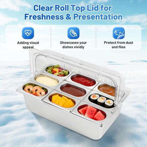 Ice Cooled Condiment Serving Container 9 Pans ×1Qt with Ice Packs for Salad Pizza Sauce Cold Food Buffet Server for Parties in Saudi Arabia